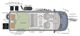Detailed RV rental diagram of a camper van, showing a full bed, kitchen, seating, outdoor shower, bike rack, and storage solutions.