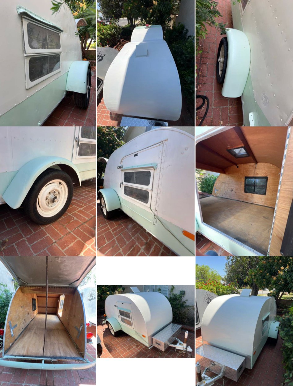 Explore this compact white/mint teardrop trailer, perfect for your next RV rental. Views show exterior, interior, and features. — photo 4
