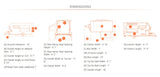 Detailed RV rental trailer dimensions diagram, showing exterior height, width, length, and interior measurements.