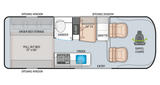 RV rental floor plan details: pull-out bed, shower, dinette, kitchen, and swivel chairs for camper comfort.