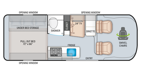 RV rental floor plan details: pull-out bed, shower, dinette, kitchen, and swivel chairs for camper comfort.