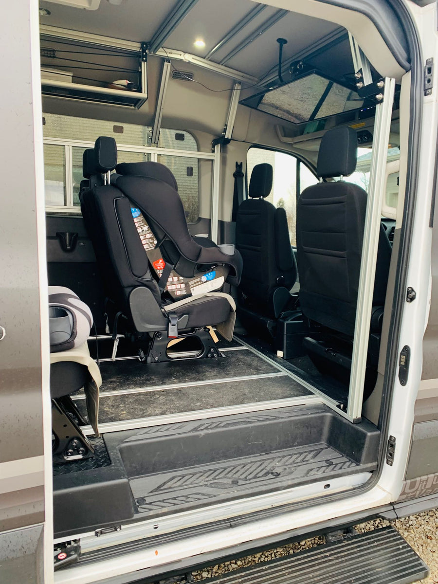  flexible floor system for adventure.|Customized camper van with open rear doors