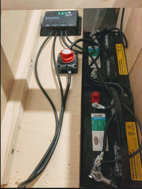RV rental electrical system: Wanderer solar charge controller, battery disconnect, and two marine batteries, crucial for off-grid power.