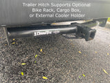 This RV rental's Draw-Tite trailer hitch supports optional bike racks, cargo boxes, or an external cooler holder.
