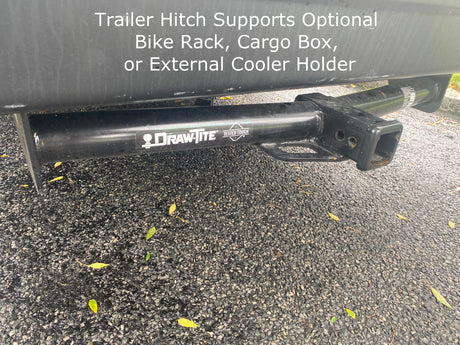 This RV rental's Draw-Tite trailer hitch supports optional bike racks, cargo boxes, or an external cooler holder.