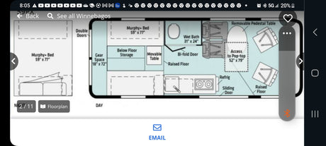 Detailed RV rental floorplan for a Winnebago camper, highlighting bed, wet bath, storage, and convertible features.