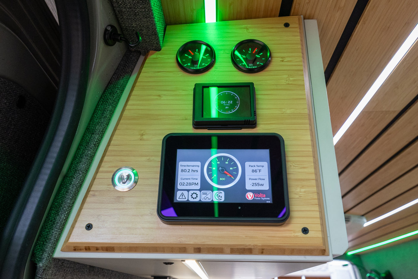 This RV rental's smart control panel displays battery status (80.2 hrs remaining), power flow, and water levels, illuminated by green LEDs.