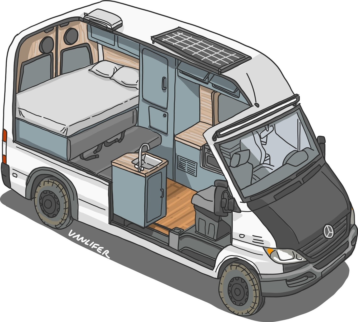 Isometric view of a white camper van, cut open to reveal a bed, sink, and wood floor. Ideal for an RV rental or van life.