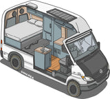 Isometric view of a white camper van, cut open to reveal a bed, sink, and wood floor. Ideal for an RV rental or van life.