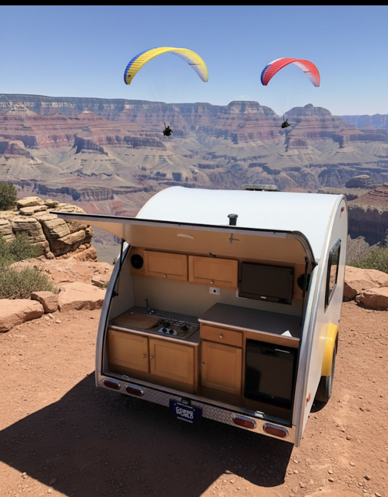 RV rental: Teardrop trailer's kitchen open, overlooking Grand Canyon with paragliders in the sky. Adventure awaits! — photo 2