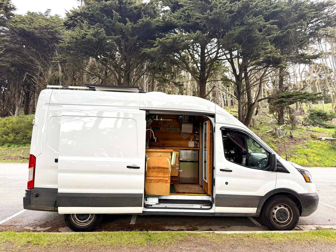 Experience van life! This white rv rental campervan, open to show its wooden interior and kitchen, is parked by lush cypress trees.