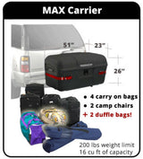 Spacious MAX Carrier, 16 cu ft hitch cargo box for RV rental. Holds bags, chairs; 200 lbs for travel storage.