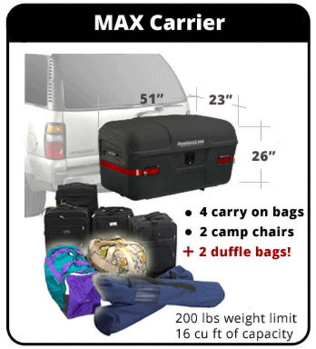 Spacious MAX Carrier, 16 cu ft hitch cargo box for RV rental. Holds bags, chairs; 200 lbs for travel storage.