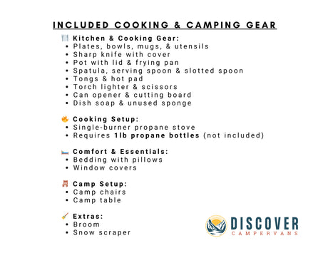 Detailed list of included kitchen, camping, and comfort gear for your RV rental, ensuring a fully equipped campervan trip.