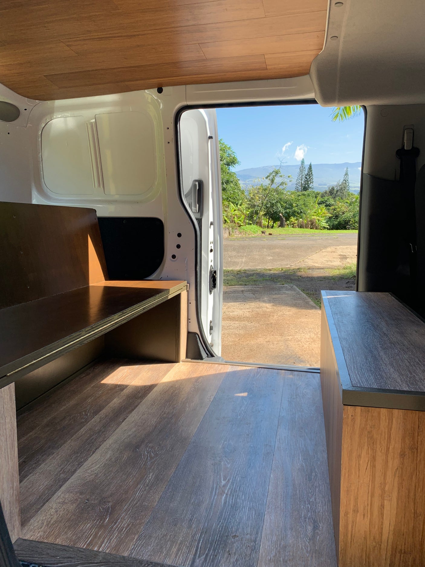 Interior of a custom **rv rental** camper van, featuring wood flooring and an open door revealing a scenic mountain view.