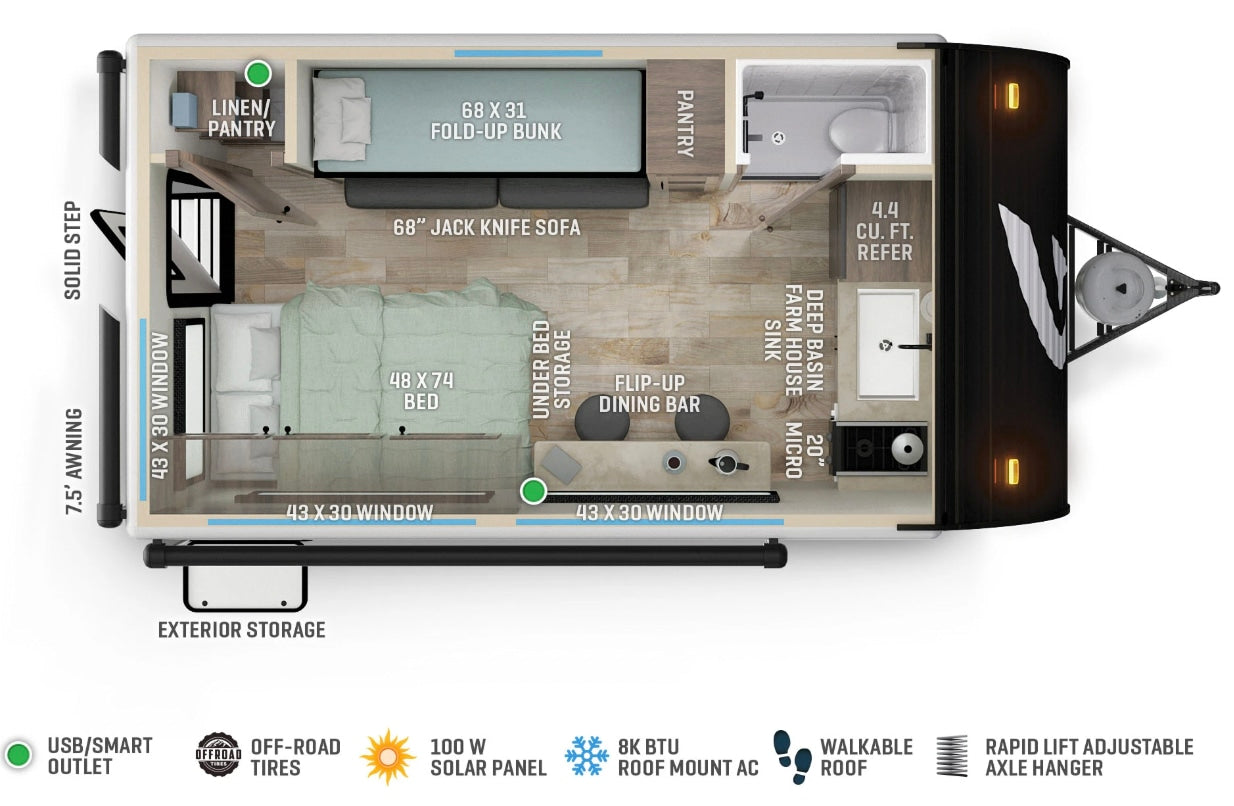 This RV rental floor plan shows a compact design with a bed, fold-up bunk, jack-knife sofa, flip-up dining, and kitchen area.