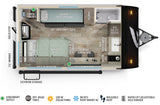 This RV rental floor plan shows a compact design with a bed, fold-up bunk, jack-knife sofa, flip-up dining, and kitchen area.