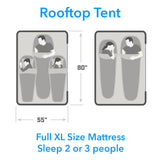 Rooftop Tent for RV rental offers an 80"x55" full XL mattress, fitting 2 adults or 1 adult & 2 kids for camping comfort.