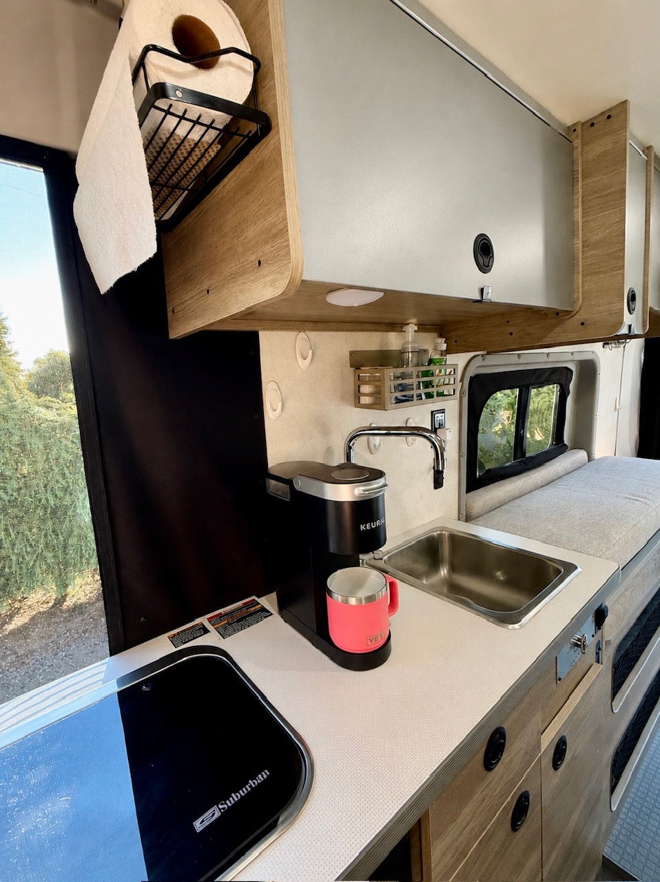  framed by a black mesh screen.|RV rental: Rear view of open camper van doors with a mesh screen — photo 5