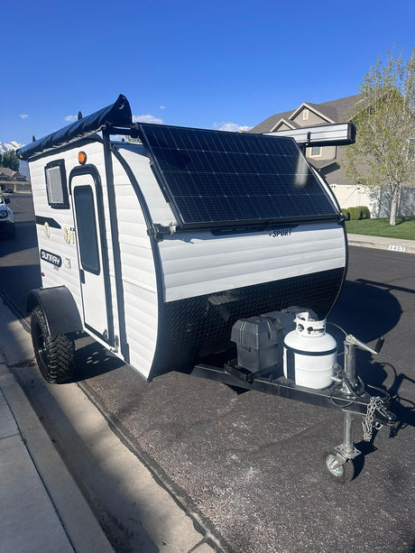 Compact Sunray Sport teardrop camper for RV rental. Ideal for outdoor travel and camping adventures.