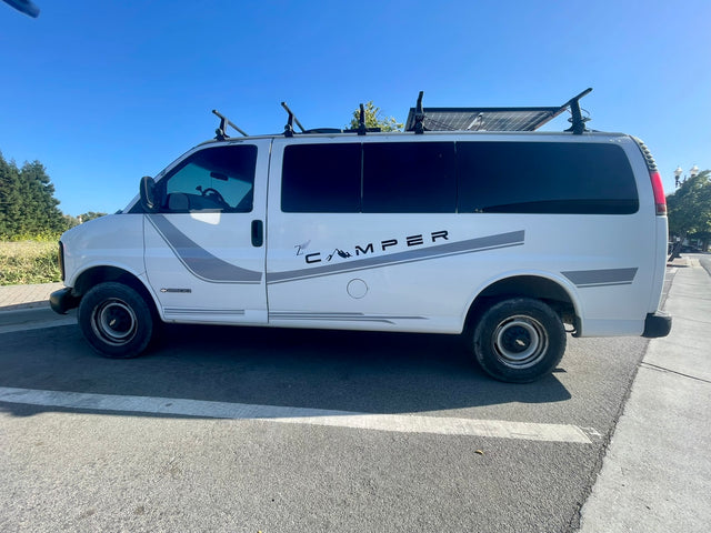 White camper van, equipped with roof-mounted solar panels, parked outdoors. Perfect for your RV rental experience.