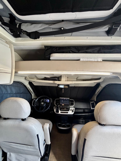 View from back of rv rental camper van interior toward cockpit. Seats, dash, sunshades, and overhead storage for travel.