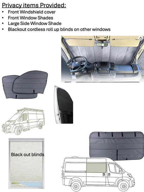 RV rental privacy: windshield cover, quilted window shades, and blackout blinds, ensuring complete privacy during your adventures.