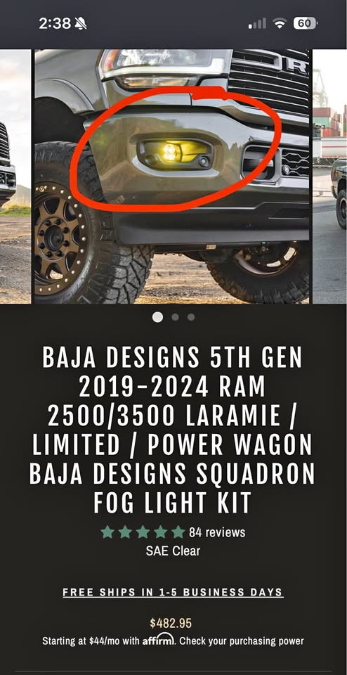 BAJA DESIGNS 5TH GEN 2019-2024 RAM 2500/3500 FOG LIGHT KIT in Puyallup, WA (photo 1) — photo 1