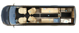 Top-down view of a spacious rv rental interior, featuring plush seating, a well-appointed kitchen, and a private bathroom.