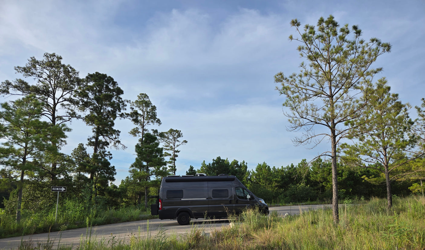 A dark grey rv rental parked by tall pine trees on a roadside, surrounded by green foliage under a blue sky.