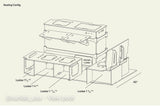 Modular van/RV rental interior blueprint: seating, storage lockers, and kitchen unit.
