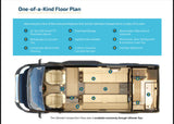 Luxury RV rental floor plan: See the Ultimate CamperVan's unique features like smart TV, full kitchen, and rear bathroom.