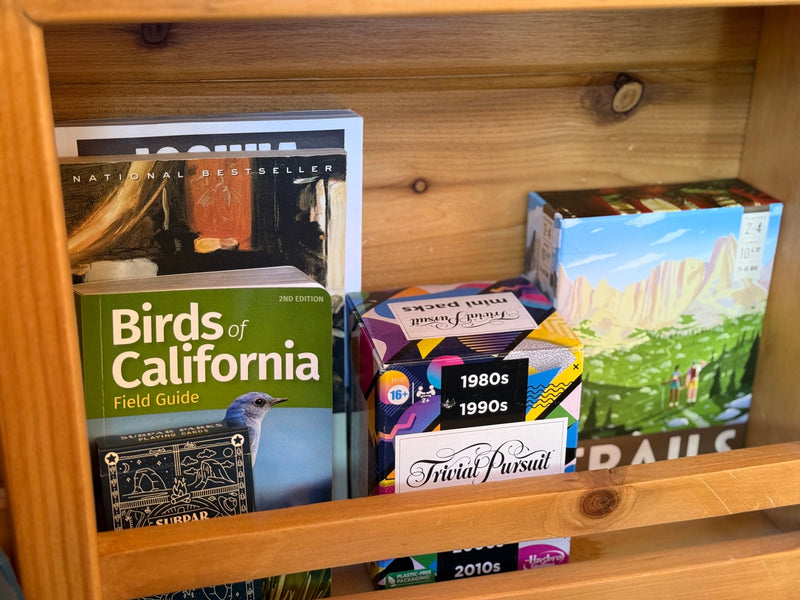 RV rental fun: Shelf of leisure with "Birds of California" guide, Trivial Pursuit games, and more for travel entertainment. — photo 6