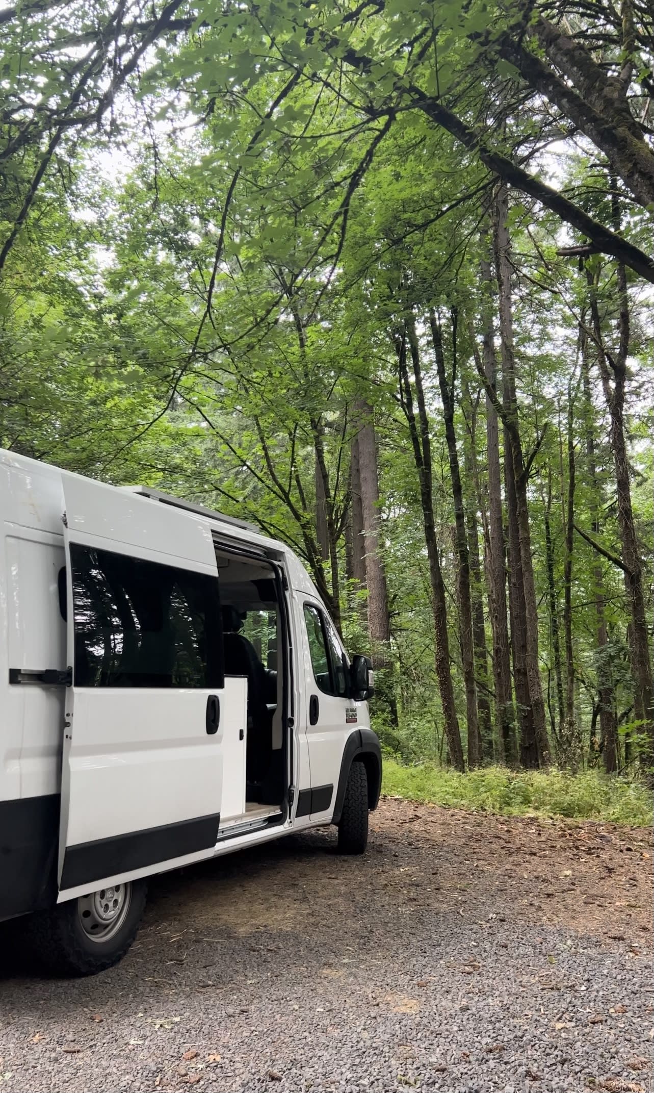 White RV rental van on a gravel forest path, side door open. Surrounded by tall green trees, ready for adventure. — photo 17