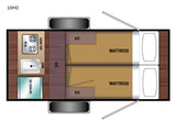 10HD RV rental floor plan: compact interior with cooktop, sink, K2 cooler, A/C, and two mattresses for sleeping.