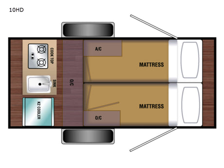 10HD RV rental floor plan: compact interior with cooktop, sink, K2 cooler, A/C, and two mattresses for sleeping.