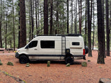 Adventure-ready tan camper van, great for an rv rental, parked in a deep pine forest campsite.