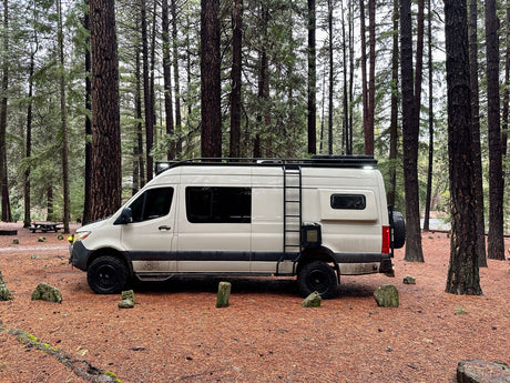 Adventure-ready tan camper van, great for an rv rental, parked in a deep pine forest campsite.
