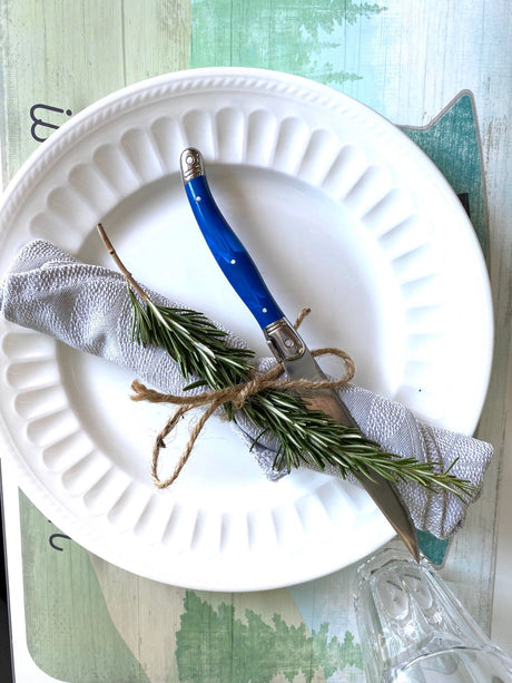Perfect RV rental meal setup: plate, rosemary-tied napkin, blue knife on a nature-themed placemat. Enjoy glamping!