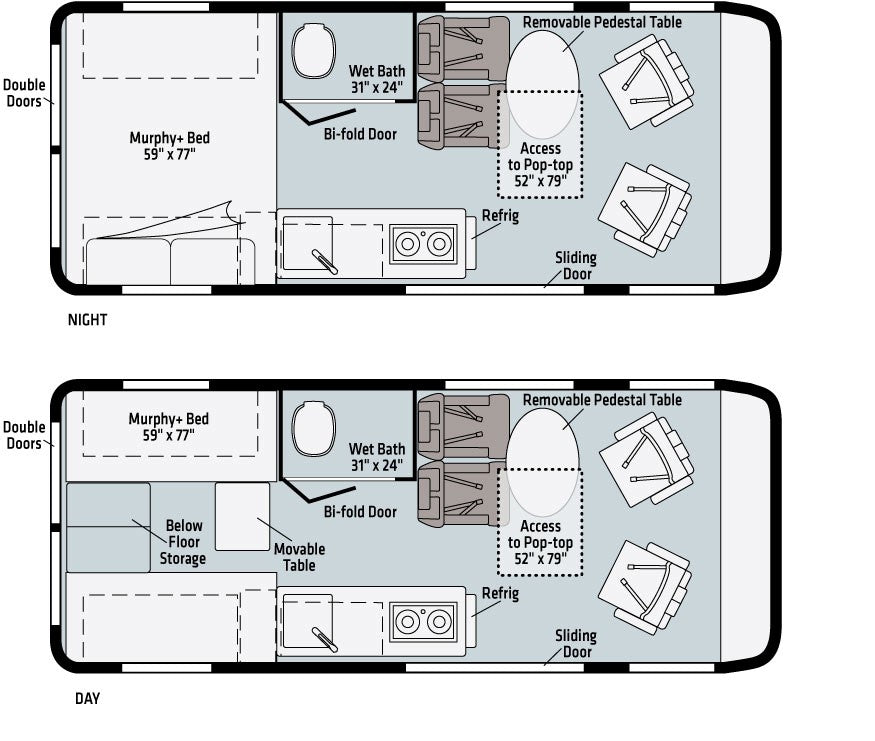 RV rental floor plan: Visualize a versatile camper van's interior. Features convertible day/night modes, Murphy bed, bath, and kitchen.