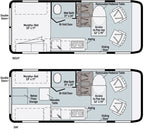 RV rental floor plan: Visualize a versatile camper van's interior. Features convertible day/night modes, Murphy bed, bath, and kitchen.