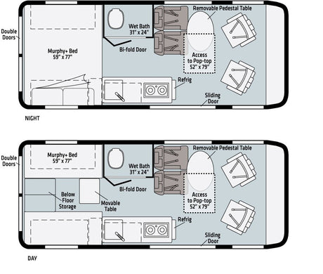 RV rental floor plan: Visualize a versatile camper van's interior. Features convertible day/night modes, Murphy bed, bath, and kitchen.