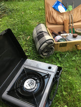 RV rental outdoor cooking setup: portable stove, blanket, and vintage picnic gear on grass, ready for camping.