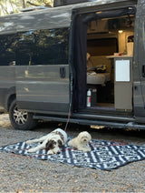 Relaxing outside an RV rental with two happy dogs on a patterned mat, enjoying the van life.