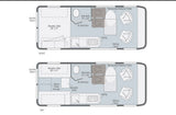 RV rental floor plan details: Night mode with Murphy bed; Day mode with seating, movable table, kitchen, and wet bath.