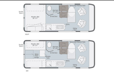 RV rental floor plan details: Night mode with Murphy bed; Day mode with seating, movable table, kitchen, and wet bath.