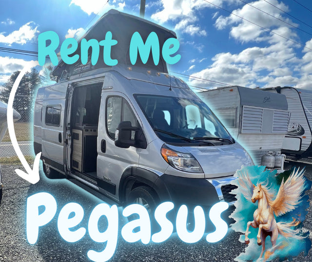 Silver camper van with an open side door and pop-top roof, ready for RV rental. Text: 'Rent Me Pegasus'.