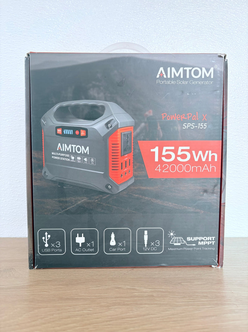 Box displaying AIMTOM portable solar generator (155Wh/42000mAh), perfect for an rv rental, camping, or off-grid power. — photo 14