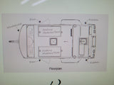RV rental floorplan shows a compact camper with folding mattress/seats and kitchen layout.