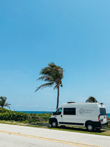 White "Coastal Van Co" RV rental van parked by the ocean with a swaying palm tree under a clear blue sky.